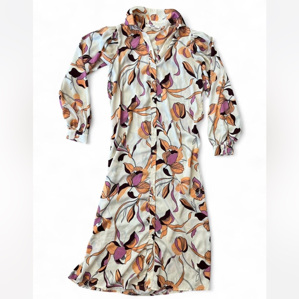 Koton orange and purple floral maxi dress with long sleeves and button-up front